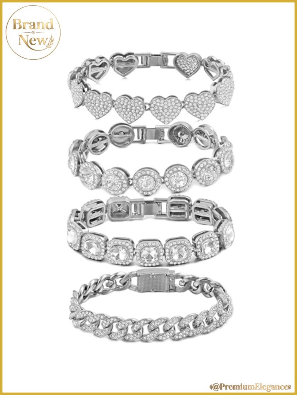 4pc Rhinestone Tennis Bracelet Set Silver Gold Layered Chain